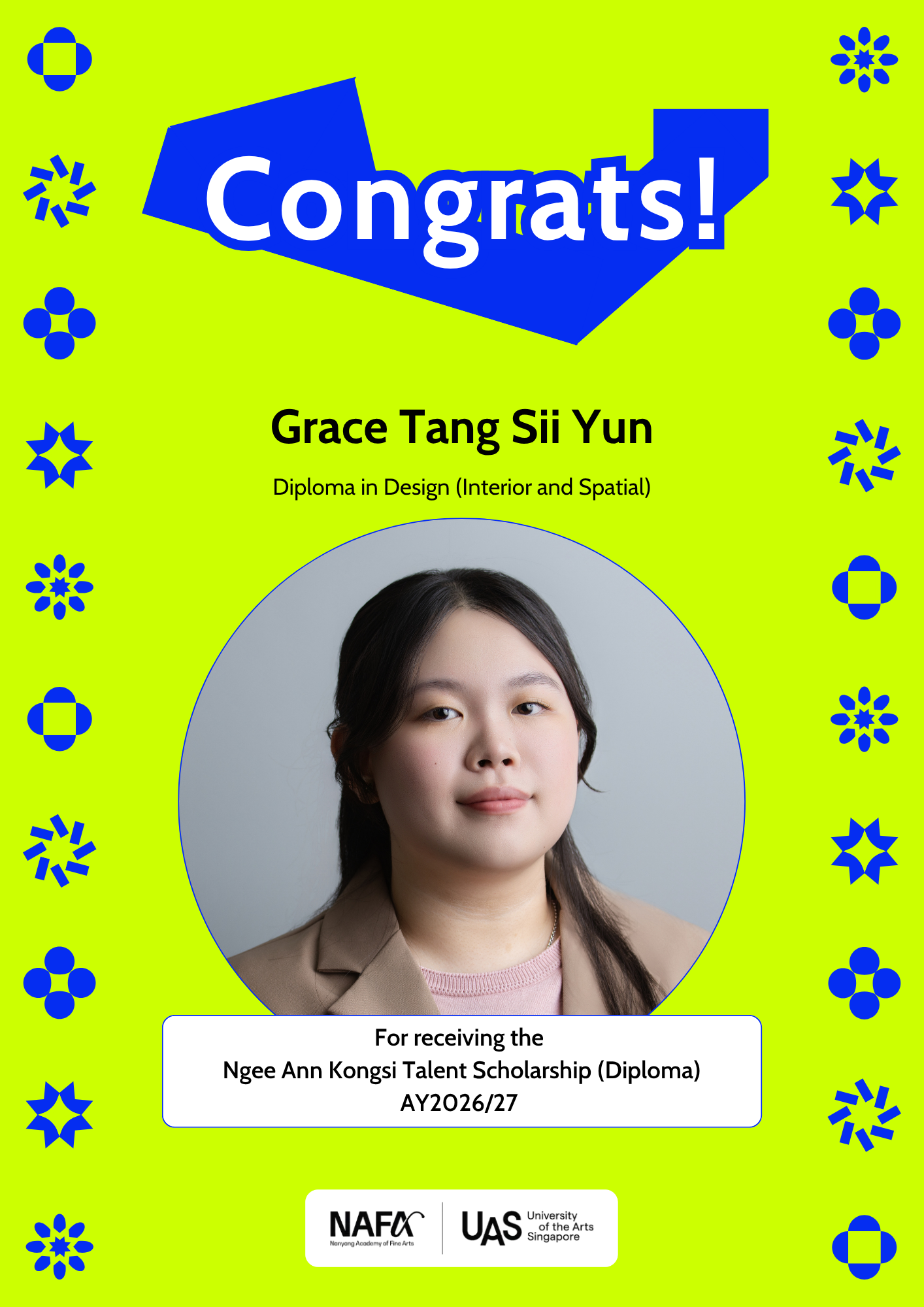 A poster commemorating the achievements of alumnus Grace Tang Sii Yun.